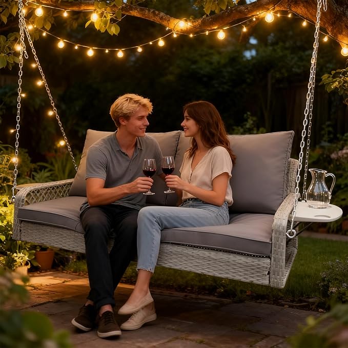 Wicker Porch Swing | 2 Seat Outdoor Porch Swing I 700lbs Heavy Duty Rattan Hanging Bench with Full Seat Cushions & Upgraded Cup Holder for Backyard, Patio, Porch, Gazebo, Garden(Gray)