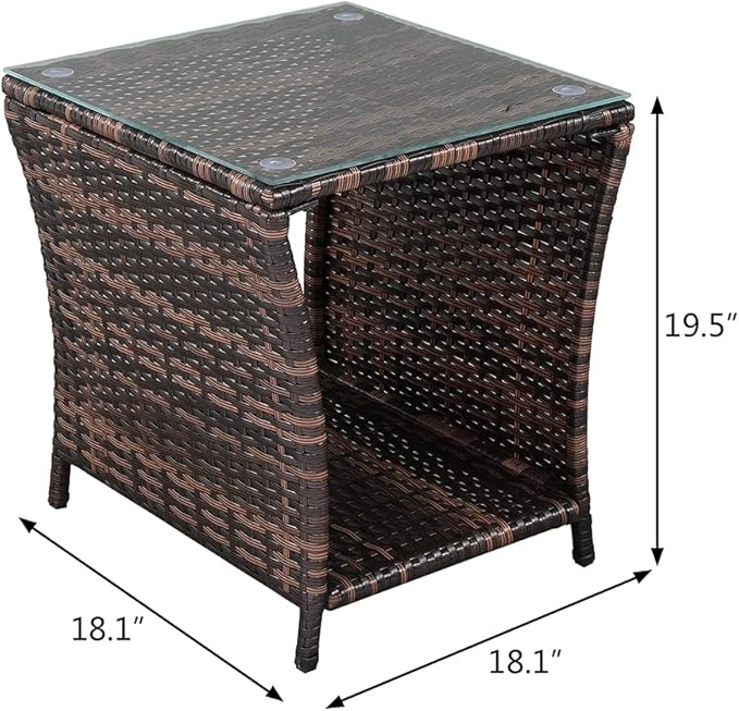 Wicker Rattan Side Table, Outdoor Square Rattan Coffee End Table with Tempered Glass Top and Storage for Patio Porch Lawn (Brown)