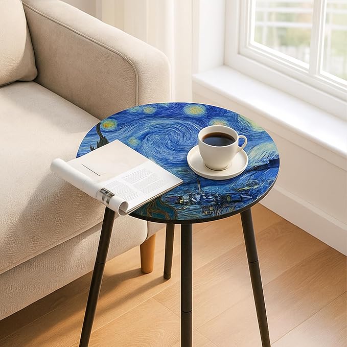 Outdoor Side Table Set of 2 Patio Side Tables for Outside Black End Tables Small Outdoor Table Round Patio End Table Metal Side Table Outside, Indoor, Bedroom, Living Room, Small Spaces, Starry Sky
