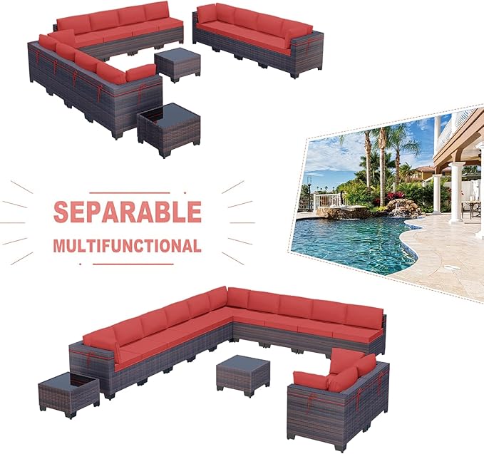 Kullavik 14 Pieces Outdoor Patio Furniture Set,Sectional Rattan Sofa Set Brown PE Rattan Wicker Patio Conversation Set with Tempered Glass Coffee Tables and Washable Cushions Covers,Red