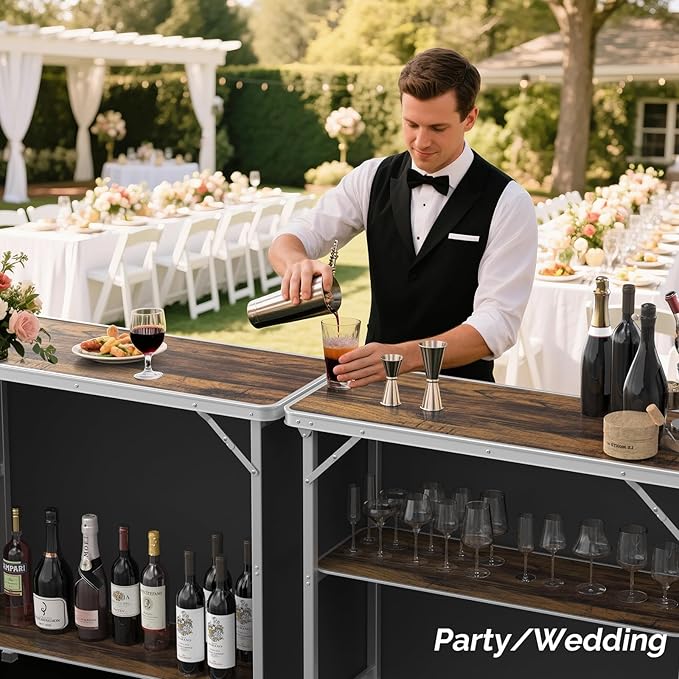 VINGLI Portable Bar Table, 2-Tier Shelves, Mobile Bar Table for Events, Party, Camping, Picnic, Tradeshow, Indoor with Black Skirt, 39 "L x 34" H