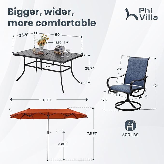 PHI VILLA 8 Piece Patio Dining Set with 13ft Patio Umbrella (Orange Red), 6 Outdoor Swivel Dining Chairs & 1 Large Metal Dining Table with 1.57" Umbrella Hole, for Lawn Garden Backyard