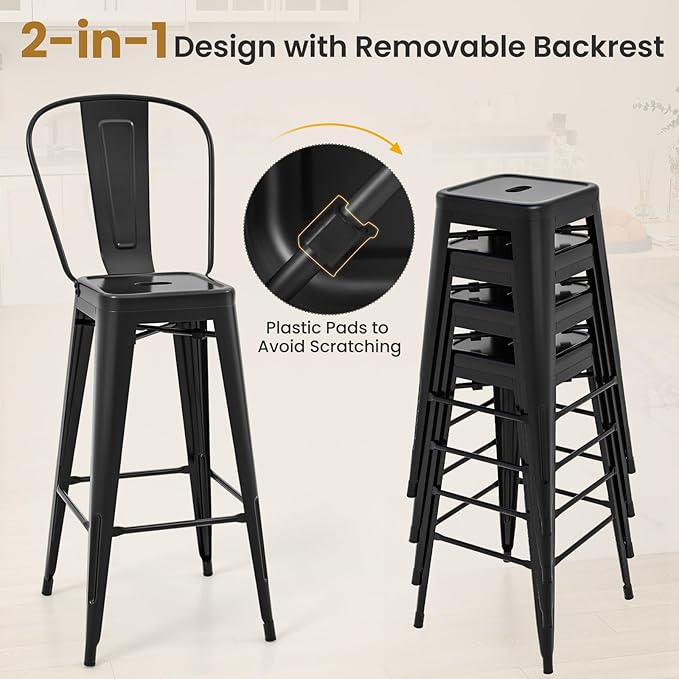 COSTWAY 30'' Metal Bar stools Set of 4, with Removable Back,Bar Height Stools with Rubber Feet, Stylish and Modern Chairs, for Kitchen, Dining Rooms, and Side Bar (Black-Update, 30'')
