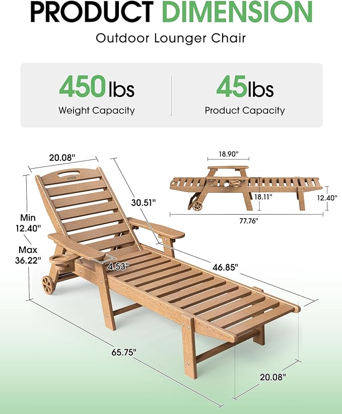Chaise Lounge Outdoor, Lounge Chair Outdoor with Wood Texture, Adjustable 5-Position Backrest, HDPE Lounge Chair with Wheels & Cup Holder for Pool Deck Backyard, Teak