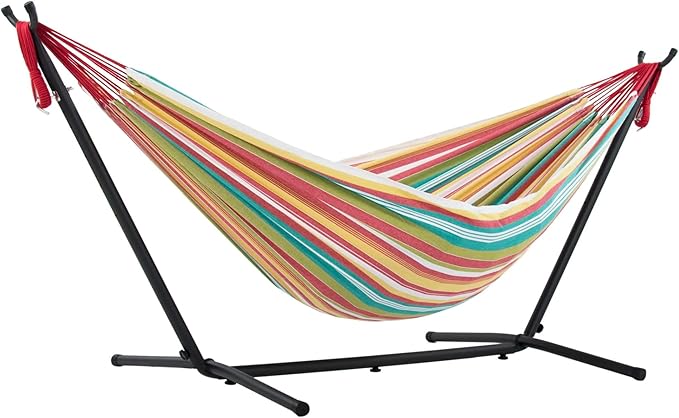 Vivere Double Cotton Hammock with Space Saving Steel Stand, Upgraded Polyester End Strings 450 lb Capacity - Premium Carry Bag Included - USA Grown Cotton (Salsa)