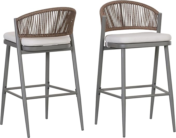 Christopher Knight Home Hearth 30.25" H Patio Barstools Set of 2, Woven Wicker Counter Stool, PE Rattan Scallop-Shaped Backrest Bar Chair, Metal Frame Barstool for Backyard Balcony Garden, Gray
