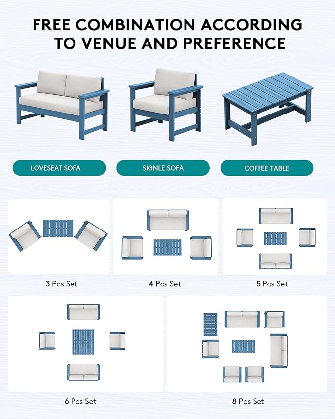 SERWALL 4 Pieces HDPE Outdoor Sofa Set with 10FT Patio Umbrella, All Weather Use Loveseat Furniture Sofa Set, Outdoor Conversation Couch with Coffee Table for Patio, Blue Frame with Khaki Cushions