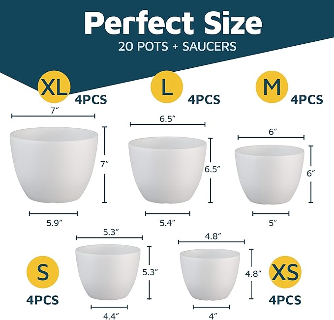 Lifemaster Eco Friendly Plant Pot Set -20-Pack Home Decor Flower Indoor and Outdoor Plastic Pots with Drainage Holes, Assorted Sizes (7", 6.6", 6", 5.3", 4.8") - Stackable Garden Versatile Planters