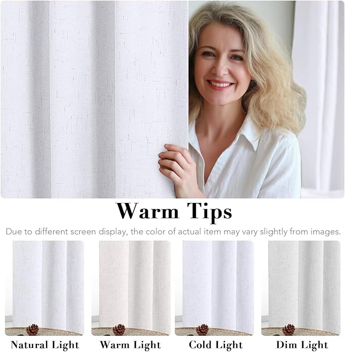 H.VERSAILTEX Linen Curtains 100% Blackout Curtains for Bedroom 102 inch Long Full Light Blocking Nature Linen Blended Window Curtains for Living Room Nickel Grommet (2 Panels, Bright White)
