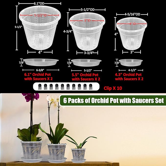 Orchid Pot with Saucers, 2 Each of 4.3",5.5",6.1" Orchid Pots with Holes, 6Pcs Clear Plastic Planter for Indoor Outdoor Plants (2 Each of 4.3,5.5",6.1" with Saucers)