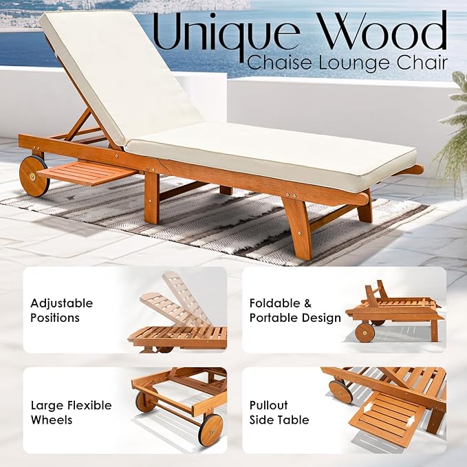 IDZO Upgraded Cushion Outdoor, 500lbs Capacity Patio Pool Loungers, Stackable and Foldable Design, Reclining Backrest, Federica Wood Chaise Lounge, Brown