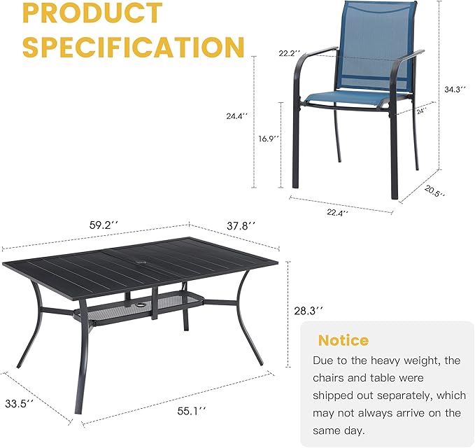 VICLLAX 7 Pieces Patio Dining Set for 6, Outdoor Furniture Set Includes 59" Rectangle Outdoor Table and 6 Stackable Patio Sling Chairs, Black Tabletop and Blue Fabric