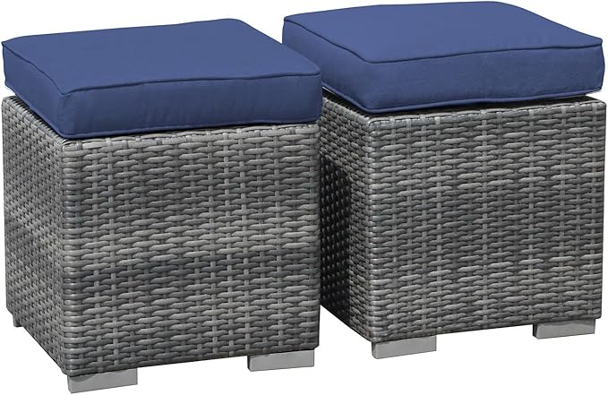 Patiorama 2 Pieces Assembled Outdoor Patio Ottoman, Indoor Outdoor All-Weather Grey Wicker Rattan Outdoor Footstool Footrest Seat w/Navy Blue Cushions,Outdoor Ottoman for Patio,No Assembly Required
