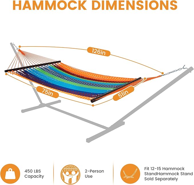 Lazy Daze Hammocks 10.5 FT Double 2 Person Caribbean Rope Hammock, Hand Woven Polyester Hammock with Spreader Bars, for Outside Outdoor Backyard Patio Poolside, 450 LBS Capacity, Multicolor