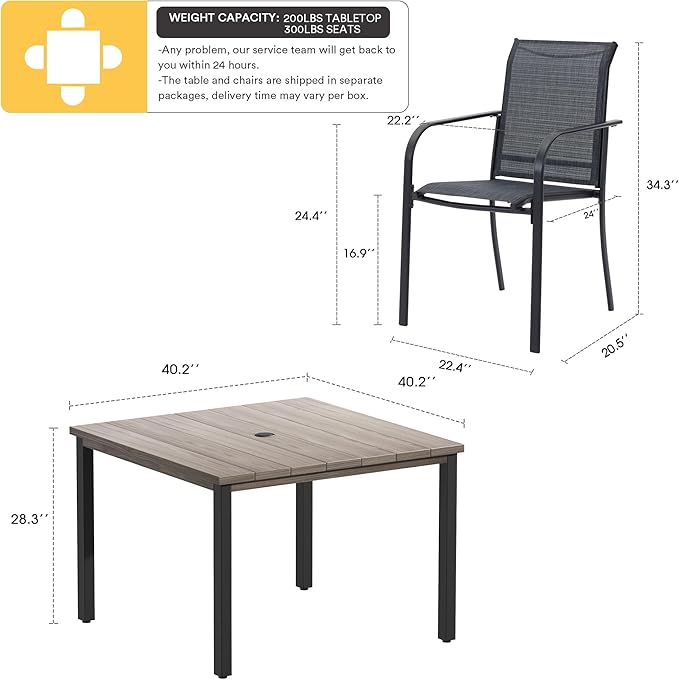 VICLLAX Outdoor Dining Set for 4, 5 Pieces Patio Dining Furniture Set with Umbrella Hole- 40.2" Patio Table and Chairs for Balcony, Garden and Deck, Grey Wood Grain Tabletop