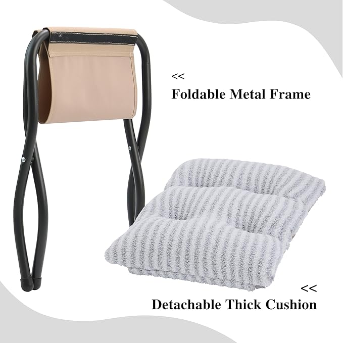 15"(H) Folding Ottoman, Foldable Footrest Stool, Portable Small Foot Stool for Couch, Collapsible Foot Rest Ottoman for Sofa, Accent Padded Ottomans for Living Room, Bedroom, Stripe Grey