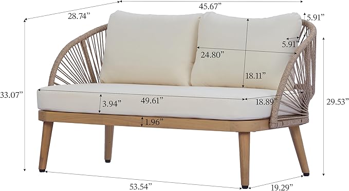 Merax 4-Piece Acacia Wood Patio Conversation Set - Curved Tub Loveseat & Chairs with Woven Rope Accents,Slatted Coffee Table & Weather-Resistant Cushions for Outdoor Deck,Garden or Balcony,Teak+ Beige