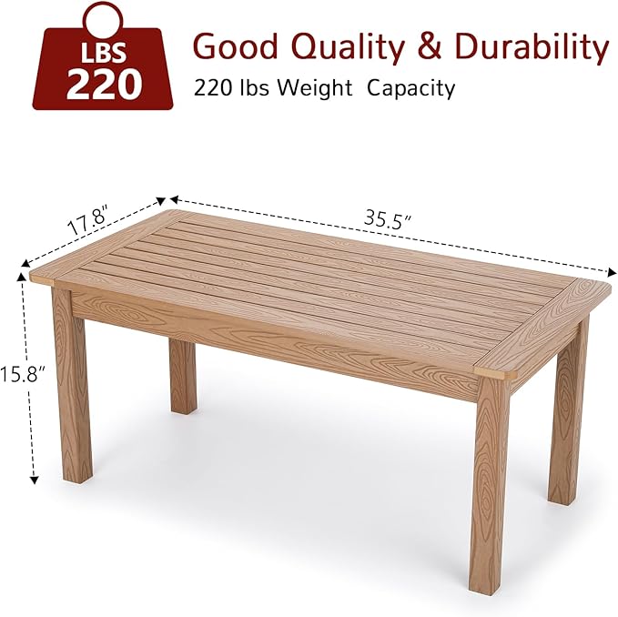 Stoog All-Weather Outdoor Coffee Table, HIPS Patio Coffee Tables for Outdoor, Modern Rectangle End Table for Backyard, Porch, Garden, Pool & Deck, Teak