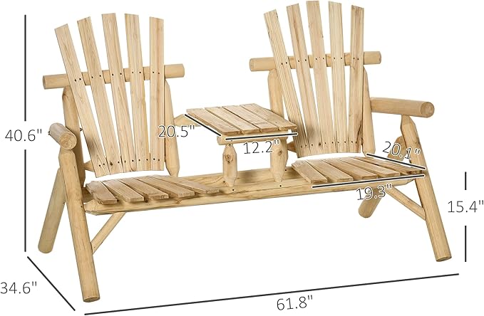 Outsunny 2-Seat Wooden Adirondack Chair, Patio Bench with Table, Outdoor Loveseat Fire Pit Chair for Porch, Backyard, Deck, Natural