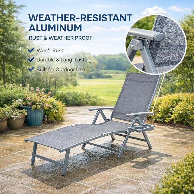 Kozyard Aluminum Outdoor Chaise Lounge Chair, Adjustable Reclining Patio Lounge with Drink Holder, Weather-Resistant Pool, Deck & Yard Recliner,Assemble-Free, Gray