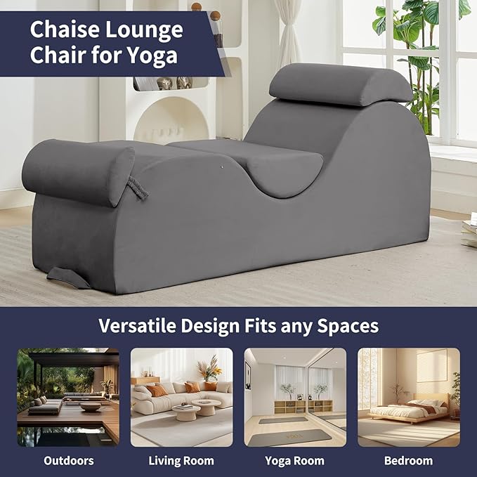 ijuicy Chaise Lounge Chair for Exercise, Indoor Lounger with Headrest, Waist Cushion, Movable Footrest, Side Pockets, Non-Slip Bottom - Yoga Chair with High Density Sponge, Light Grey