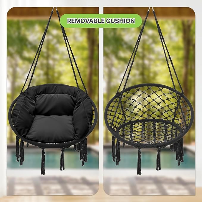 Magshion Hanging Hammock Chair with Cozy Full Cushion Offer Extra Support, Backyard Hanging Macrame Swing Chair for Porch, 350 Lbs Capacity, Comfortable Hammock for Relaxation and Enjoyment (Black)