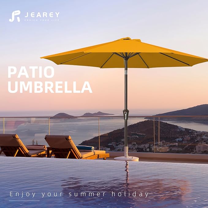 JEAREY 9FT Outdoor Patio Umbrella Market Umbrella with Push Button Tilt and Crank, Outdoor Table Umbrellas 8 Sturdy Ribs UV Protection Waterproof for Garden, Deck, Backyard, Pool (Bright Orange)