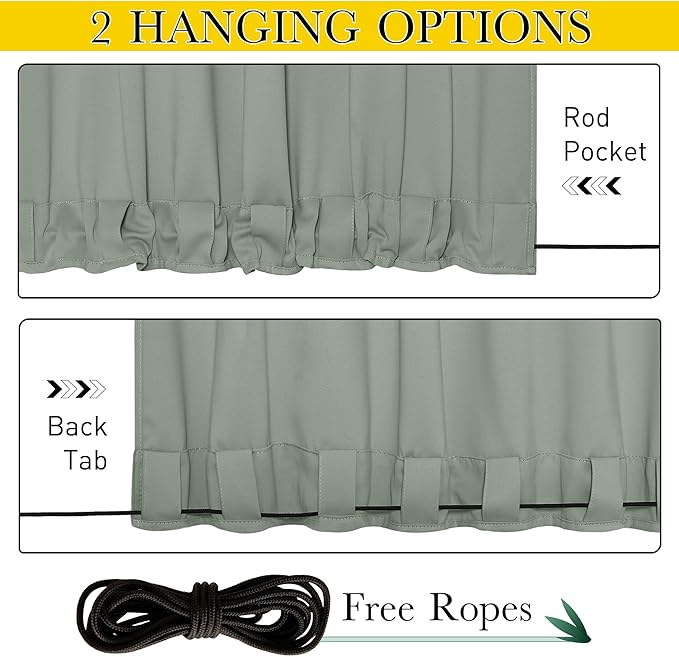 NICETOWN 2 Panels Weighted Outdoor Curtains for Patio Waterproof, Thermal Insulated Grommet & Back Tab on Top & Bottom Windproof Sun Blocking Drapes for Gazebo with Fixed Rope, Sage Green, W66 x L84