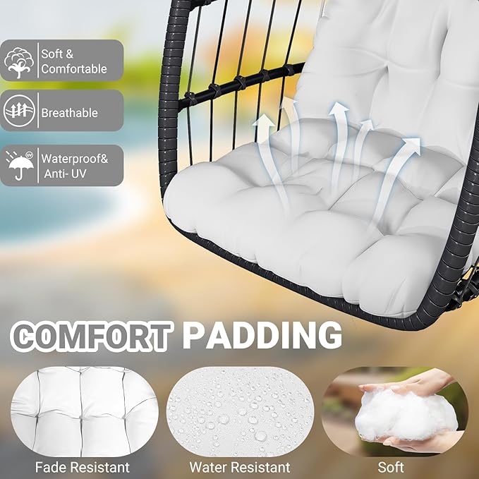 CHABATREE Egg Chair with Stand,Patio Rattan Wicker Hanging Swing Egg Chair Hammock Chair for Bedroom Porch Garden,Thickened Aluminum Alloy Steel Frame and UV Resistant Cushion,350LBS Capacity