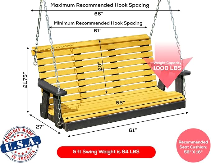 Poly Lumber Wood 5FT Porch Swing Amish Craftsmandship Made in USA HDPE with No wood fibers and 1000 lbs Limit. Stainless Steel Hardware.Signature Rollback design for Patio Outdoor Backyard Garden Park