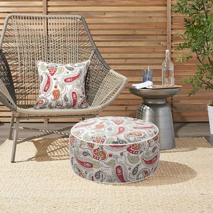 Magpie Fabrics Indoor/Outdoor Inflatable Stool Ottoman Pouf, Water Repellent Round Footrest Footstool with Foot Pump D20 xH9, Portable for Patio Garden Travel Camping or Home, Paisley Red Beige