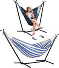 SUNCREAT 2-in-1 Convertible Free Standing Hammock with Stand Included, Camping Backyard Hammock with Stand, Patented, Blue & White Stripe