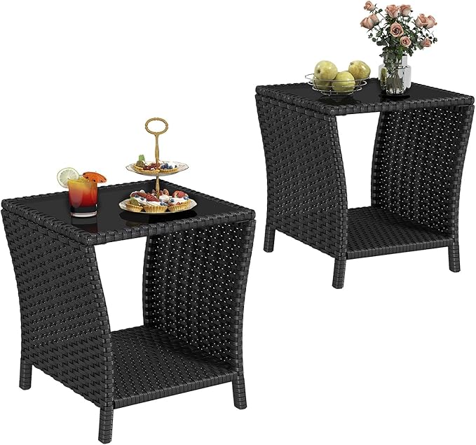 kinbor Small Outdoor Table - Set of 2 Tempered Glass Top Small Outdoor Wicker Side Table with Storage Shelf for Patio, Balcony & Porch, Durable PE Rattan & Iron Frame