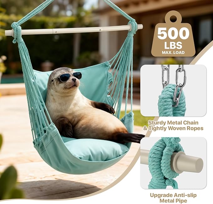 MoNiBloom Hammock Chair Hanging Rope Swing w/2 Cushions, Boho Macrame Hanging Chair Max 350 lbs Capacity w Pocket, Hardware Kit Included, Green