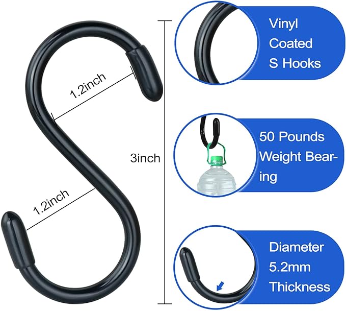 3 Inch Vinyl Coated S Hook,S Hooks for Hanging Plants ,10 Pack Non Slip Heavy Duty S Hooks ,Small Rubber Coated Steel Metal Black Closet S Hook for Hanging Jeans Plants Jewelry Pot Pan Cups Towels