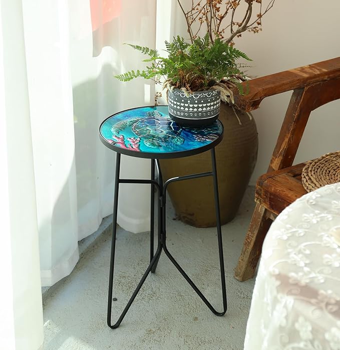 VCUTEKA Patio Side Table Outdoor Accent Table Bistro Coffee Table Plant End Table Small Porch Table Indoor Round Glass Balcony Plant Table Stands Sea Turtle 12''