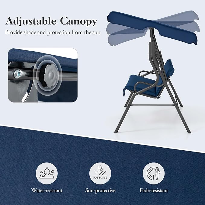 Porch Swing Outdoor, 3 Person Patio Swing w/Removable Cushion, Stand & Adjustable Canopy, Heavy Duty Swing Chair for Patio, Garden, Courtyard, Poolside
