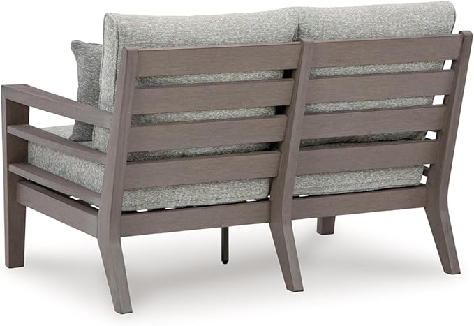 Signature Design by Ashley Hillside Barn Contemporary Nuvella Weather Resistant Fabric Outdoor Loveseat with Cushion and 2 Throw Pillows, Light Brown & Light Gray