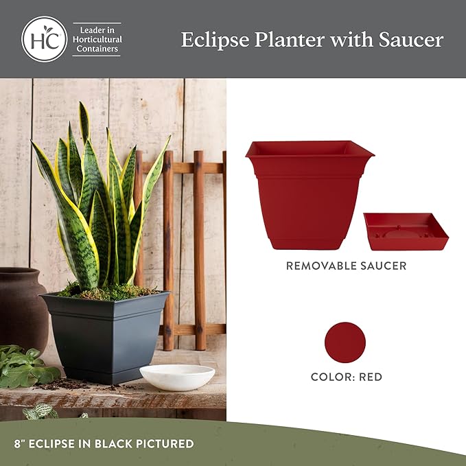 The HC Companies 12 Inch Eclipse Square Planter Pots with Drainage Holes & Attached Saucer, Lightweight UV-Resistant Plastic Indoor Outdoor Planters, 2-Pack Flower Pots for Garden & Home Decor, Red