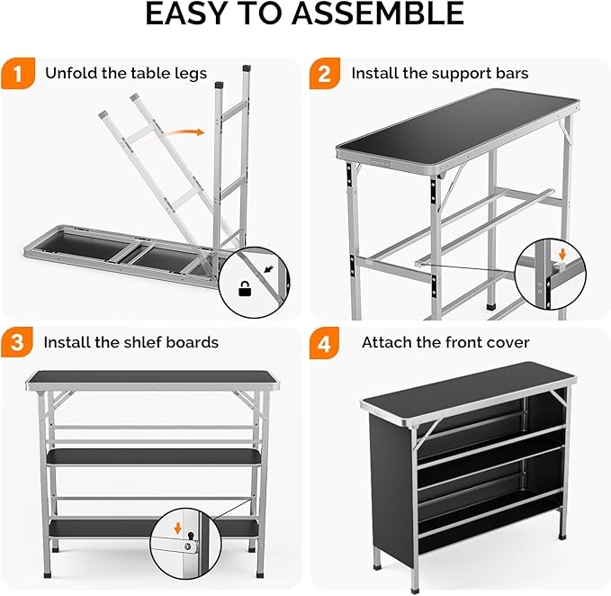 VINGLI 43" Portable Bar Table, 3-Tier Shelves, Mobile Bar Table for Events, Party, Camping, Picnic, Tradeshow, Indoor with Black Skirt (2, 43")