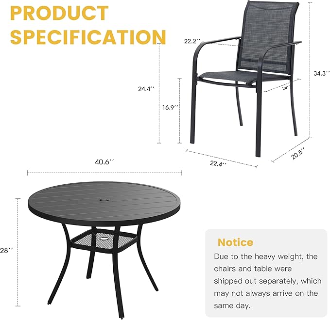 VICLLAX 5 Pieces Patio Dining Set for 4, Outdoor Furniture Set Includes 40.7" Round Patio Table and 4 Patio Stackable Chairs, Black Tabletop and Grey Fabric