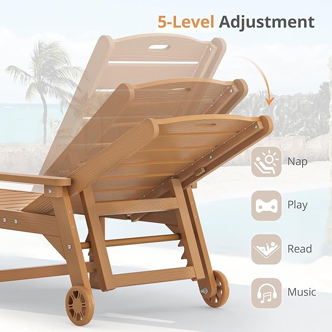 LUE BONA Chaise Lounge Chair with Table, 2-Piece, HDPS Chaise Lounger, 5 Positions Adjustable Lounge Chairs, Pool Lounge Chair with Wheels for Poolside, Backyard, Teak Color