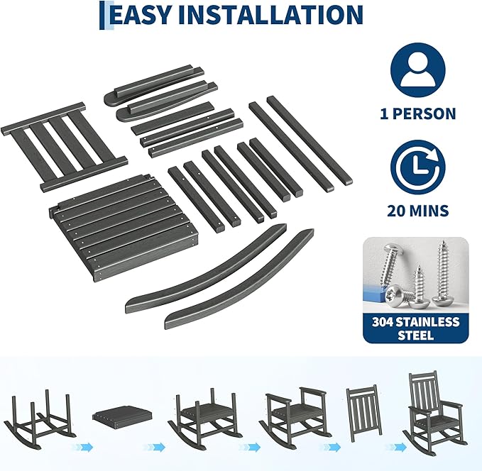 HDPE Rocking Chair Outdoor- Poly High Back Porch Rocker Chairs for Adults - All Weather Resistant Furniture for Patio Front Porch - Gray