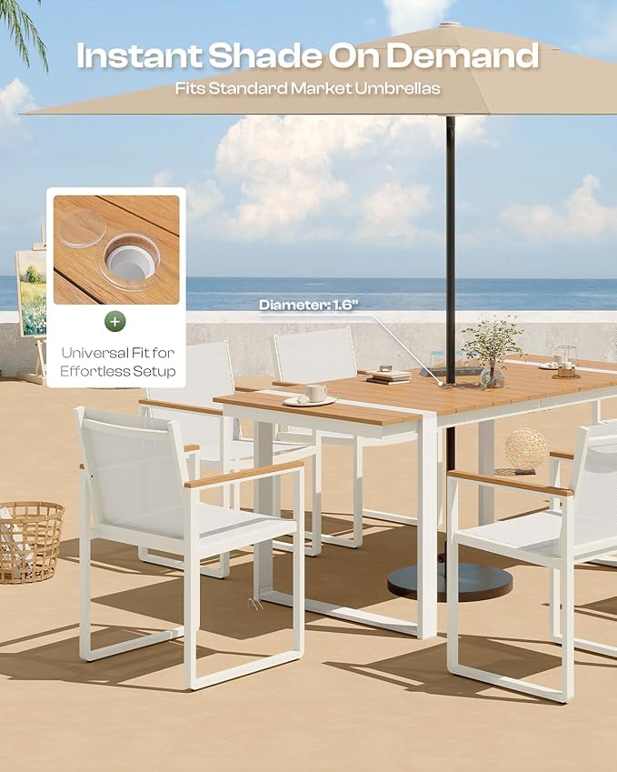 Outdoor Dining Set, HDPS + Aluminum Patio Table and Chairs Set with U-Shaped Base, 7 Piece Outdoor Furniture Set with Umbrella Hole, Patio Dining Table Set for Garden, Backyard (White-Teak)