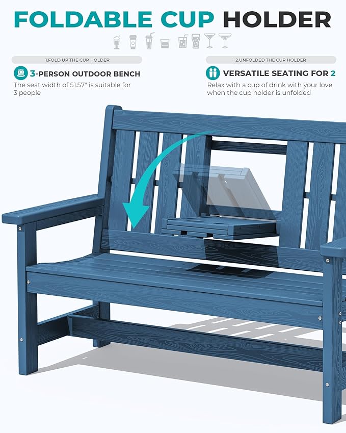 SERWALL Outdoor Bench with Cup Holder, 58" HDPE Garden Park Bench Suitable for 3 Person, All Weather Patio Benches with High Backrest and Wide Armrests for Garden, Park, Yard, Front Porch, Navy