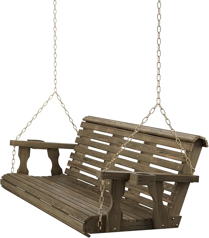 Amish Casual 6 Foot Roll Back Porch Swing with Cup Holders in Dark Walnut Stain - Amish Made in The USA from Treated Pine Heavy Duty 700 Lb. Weight Capacity