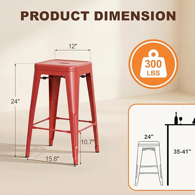 Shahoo 24 Inches Metal Bar Stools Counter Height Stackable Backless Stools, Industrial Patio Stools Indoor Outdoor Metal Kitchen Stools Set of 4 (Red, 24'')