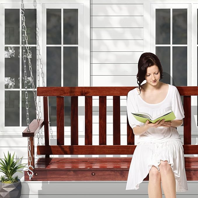 Upgraded Outdoor Wooden Porch Swings 48 Inch Outdoor Swings with Hanging Chains and Fixing Screw, Ergonomic Seat Heavy Duty 800 LBS Swing Bench for Outdoor Patio Garden Yard, Brown