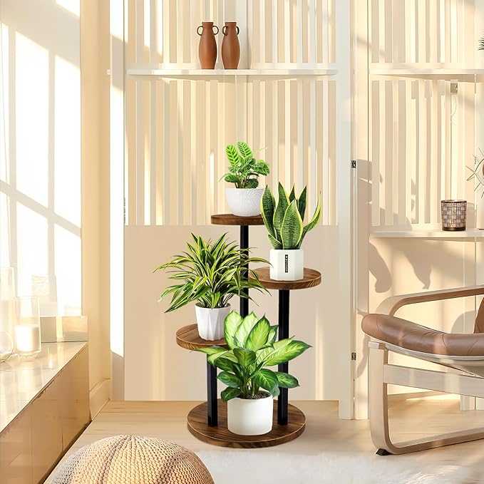 GEEBOBO 3 Tier Plant Stand Indoor, Metal Wood Plant Stands For Indoor Plants Multiple, Corner Tiered Flower Plants Shelf Stand for Living Room Bedroom, Brown