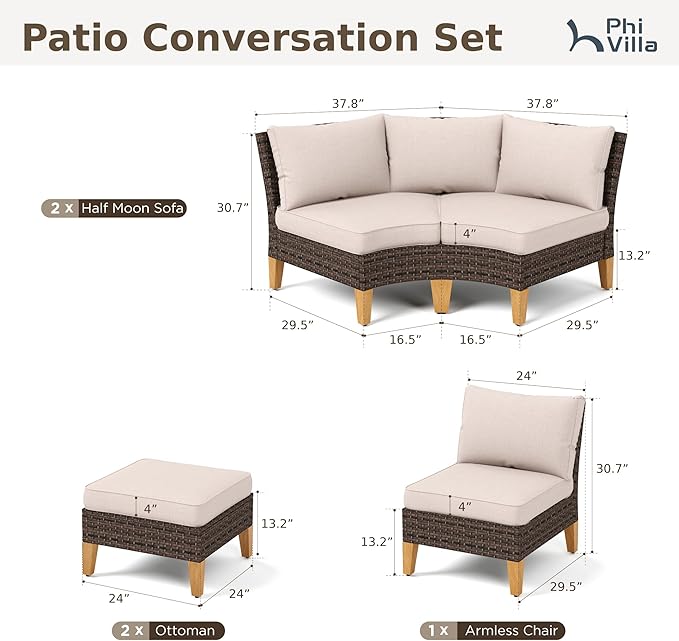 PHI VILLA 5-Piece Wicker Patio Furniture Set, Outdoor Sectional Sofa Conversation Set with Beige Cushions, Half-Moon Curved Modular Couch for Garden, Deck, Backyard